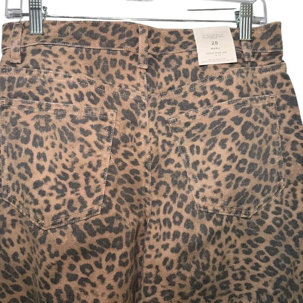Z Supply Marli Leopard Print Wide Leg Jeans High Rise Denim Size 28 NWT